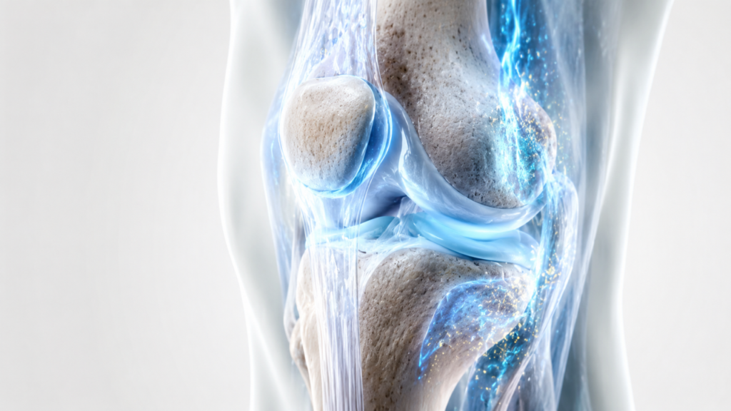 Illustration of healthy knee cartilage and synovial fluid